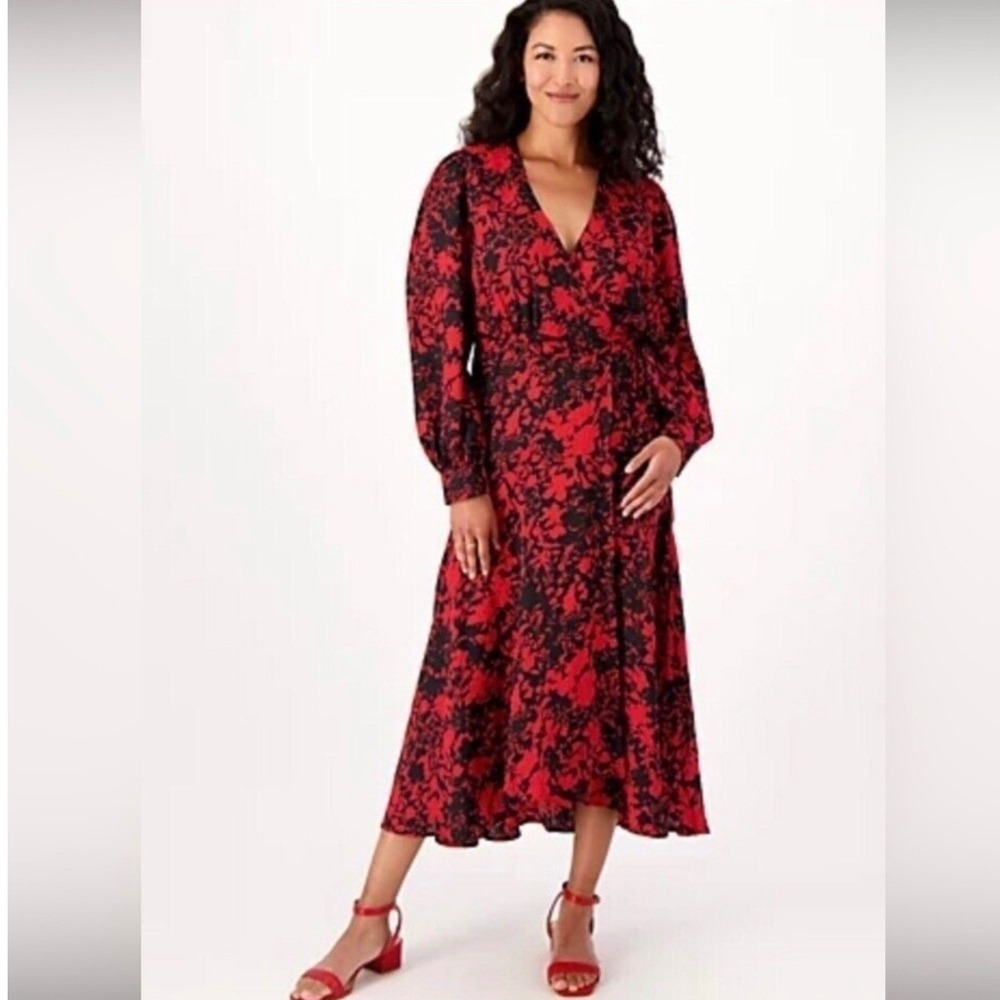 Susan Graver Occasions Womens Red Black Floral Print Wrap Midi Dress‎ Size 3XP